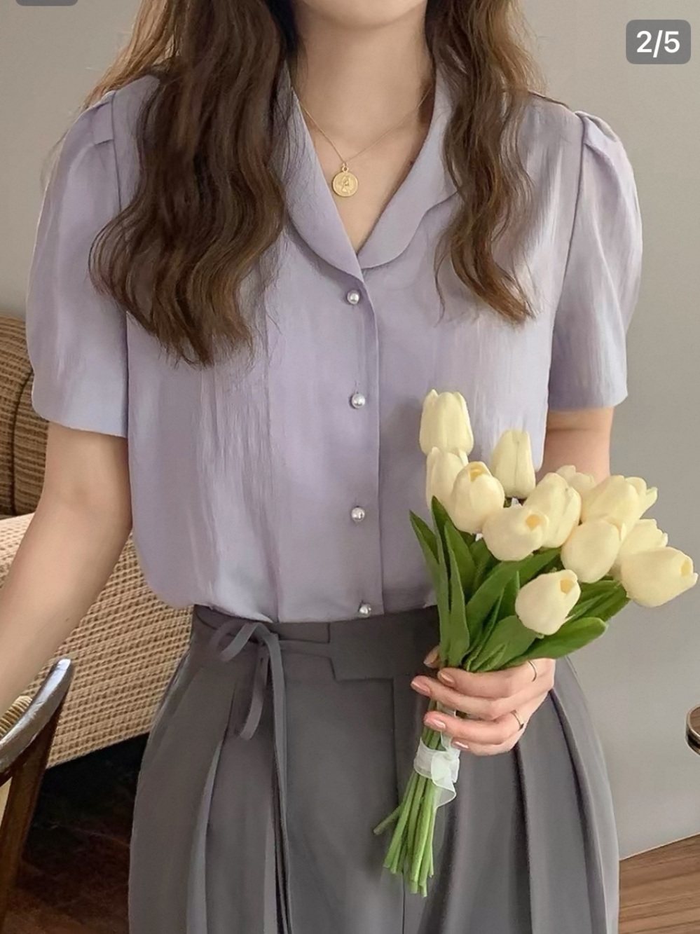 Lilac Short-Sleeve Pearl-Button Blouse